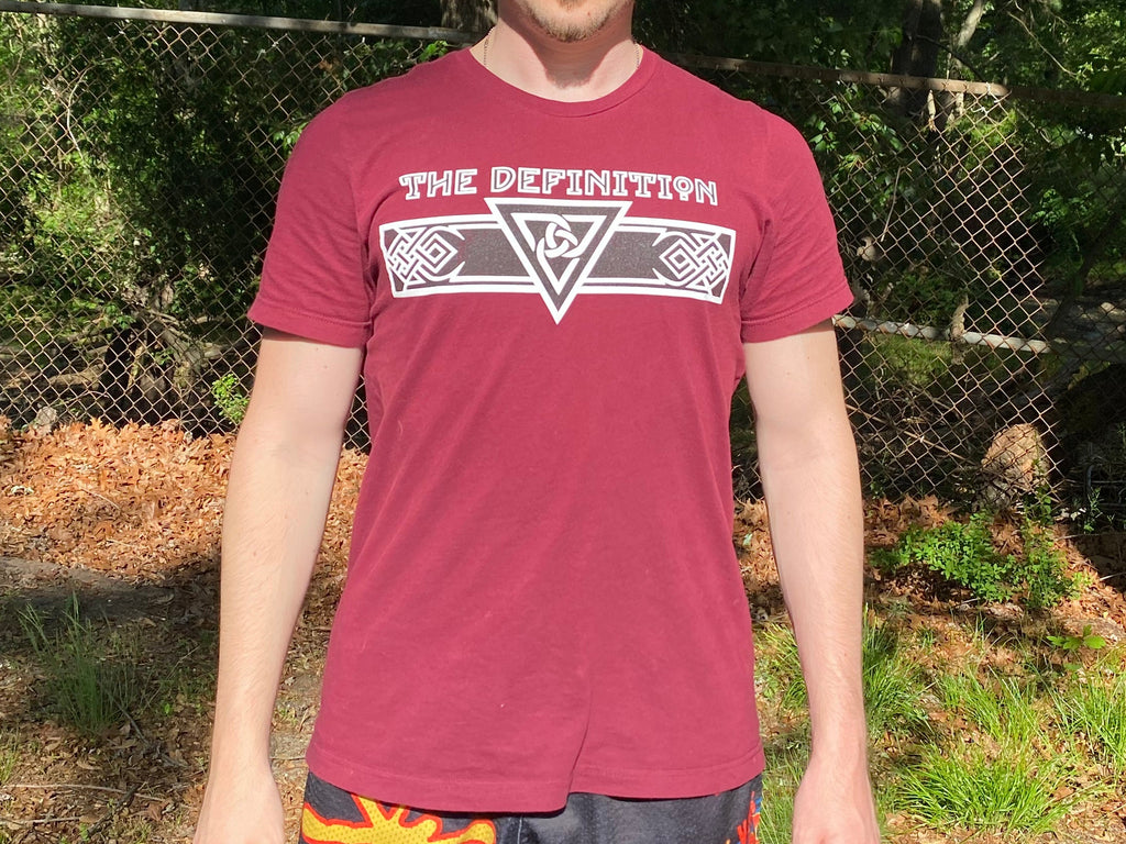 Maroon founder's shirt front graphics outdoors