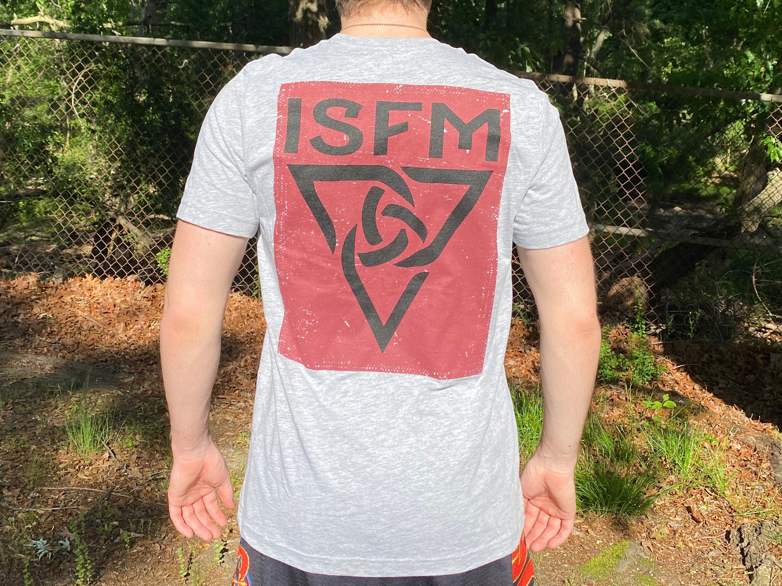 Grey founder's tee back graphics outside